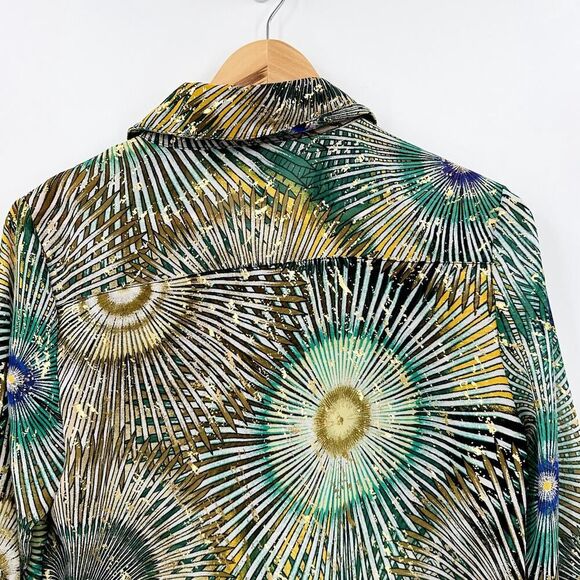 New Directions Sunburst Fireworks Blouse Womens Size Large Green Gold Yellow - Picture 11 of 11